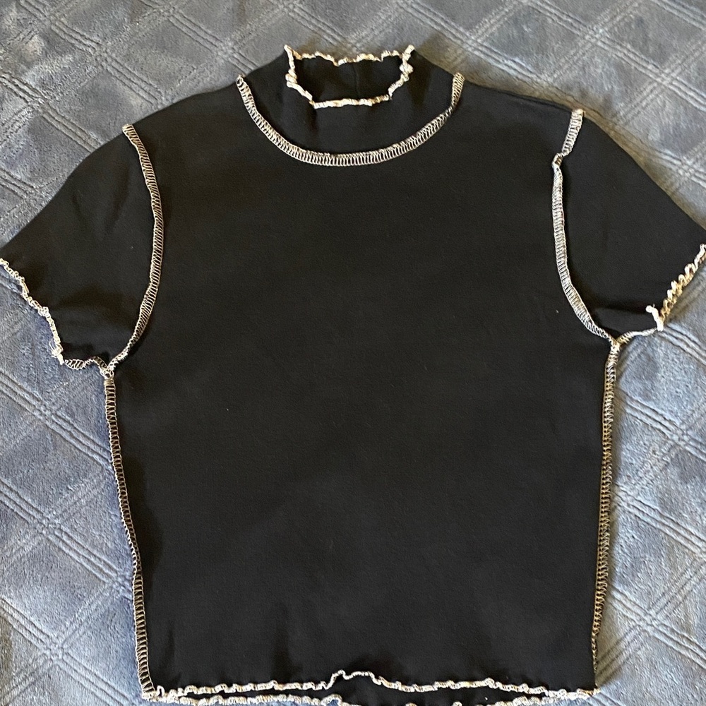 RSQ Black Short Sleeve Top with White Lettuce-Edge Trim